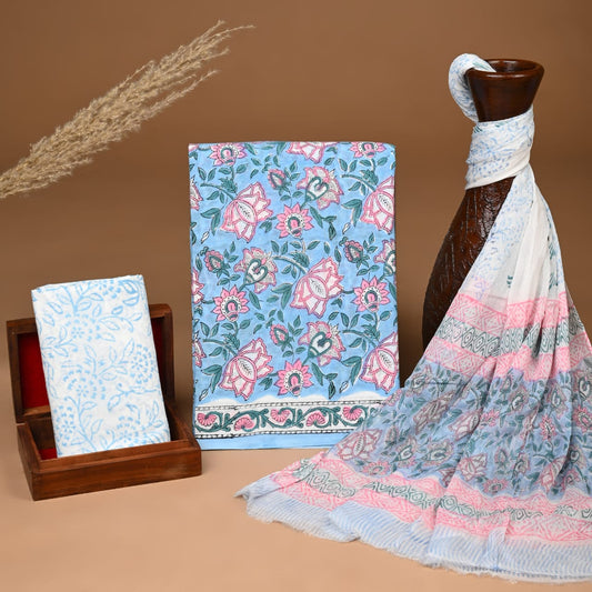 Premium Hand Block Print Pure Cotton Suit With Chiffon Dupatta