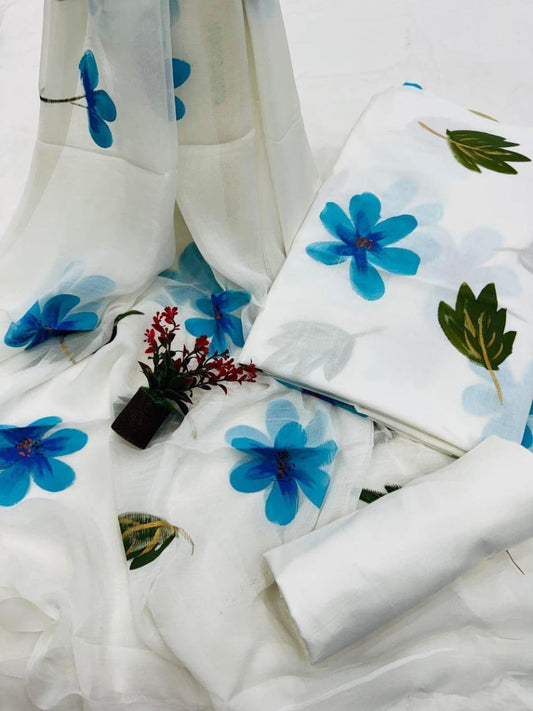Exclusive Hand Print Cotton Suit With Chiffon Dupatta