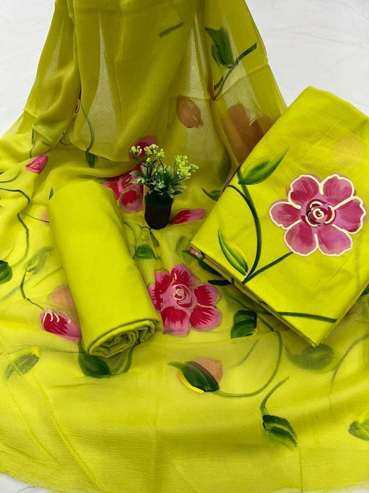 Premium Hand Print Cotton Suit With Chiffon Dupatta