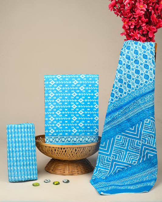 Sky Blue Hand Block Printed Soft Cotton Suit Set