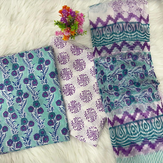 Premium Hand Print Cotton Suit With Chiffon Dupatta