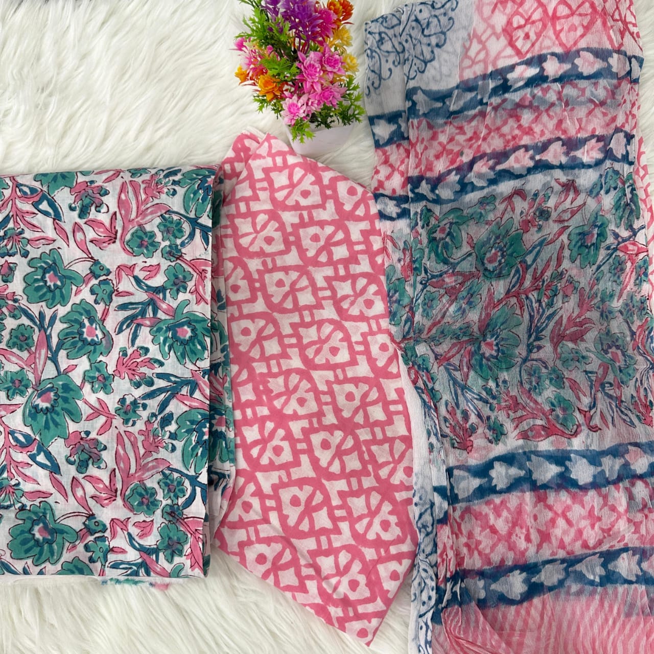 Exclusive Hand Print Cotton Suit With Chiffon Dupatta