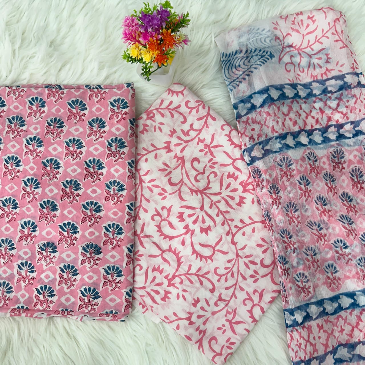 Sangneri Hand Block Print Cotton Suit With Chiffon Dupatta ( 52)