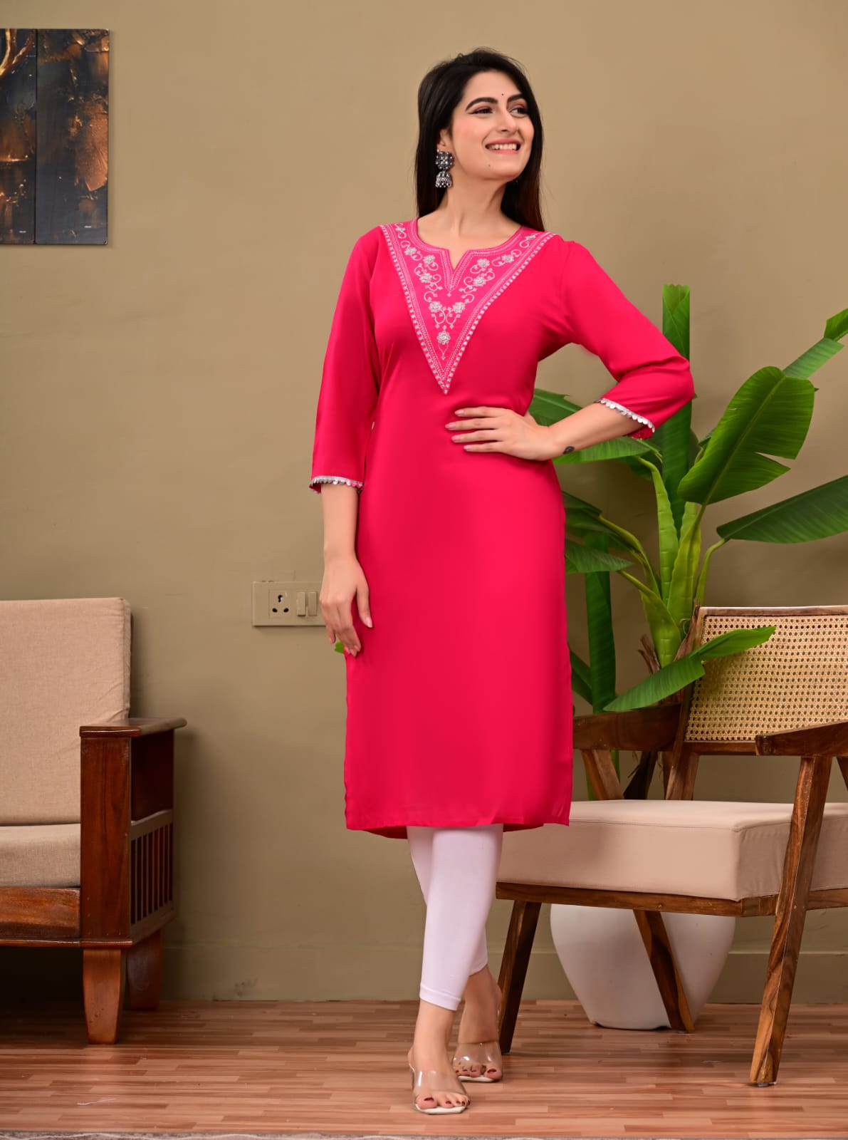 Coral Pink Rayon Embroidered Straight Kurta