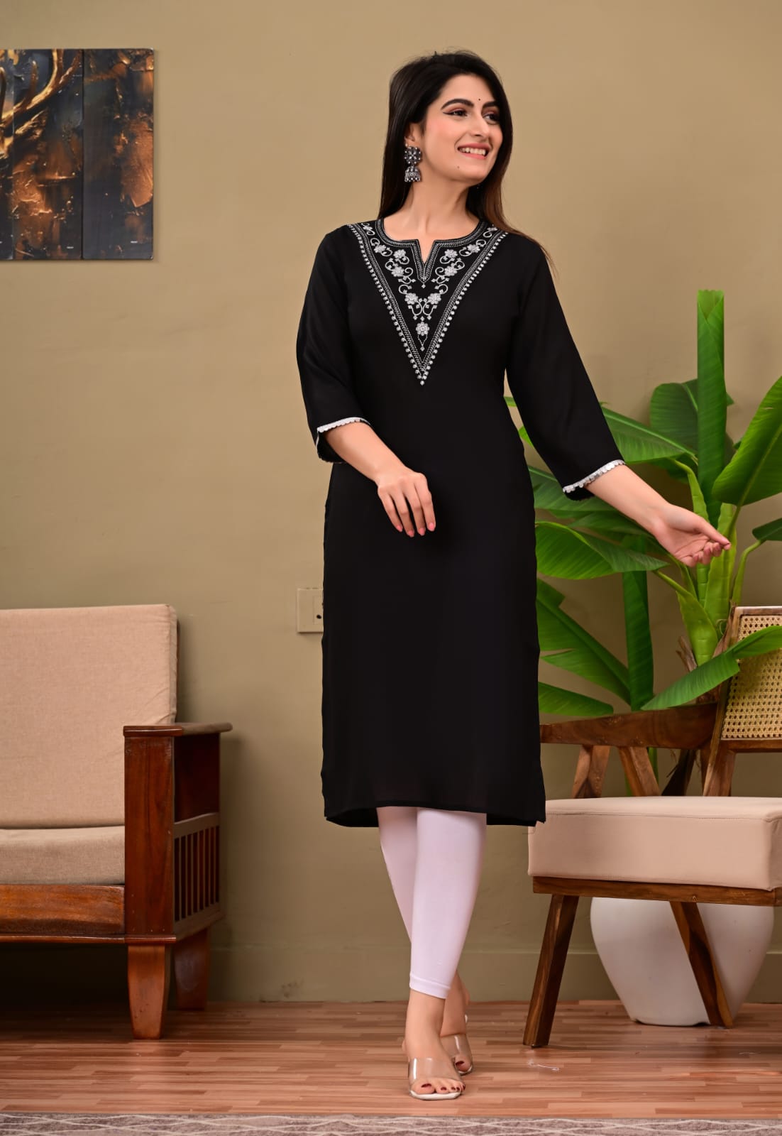 Coral Black Rayon Embroidered Straight Kurta