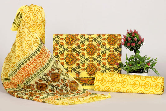 Green Hand Block Printed Cotton Suit With Chiffon Dupatta