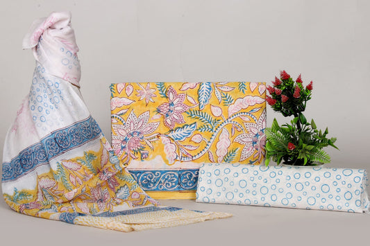 Hand Printed Soft Cotton Suit With Chiffon Dupatta