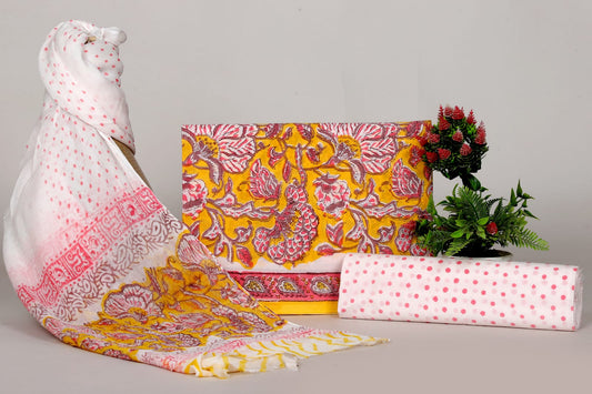 Bagru Hand Print Cotton Suit With Chiffon Dupatta