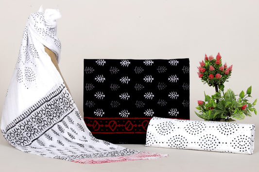 Saganeri Hand Block Print Cotton Suit With Chiffon Dupatta