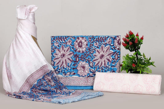 New Hand Print Cotton Suit With Chiffon Dupatta