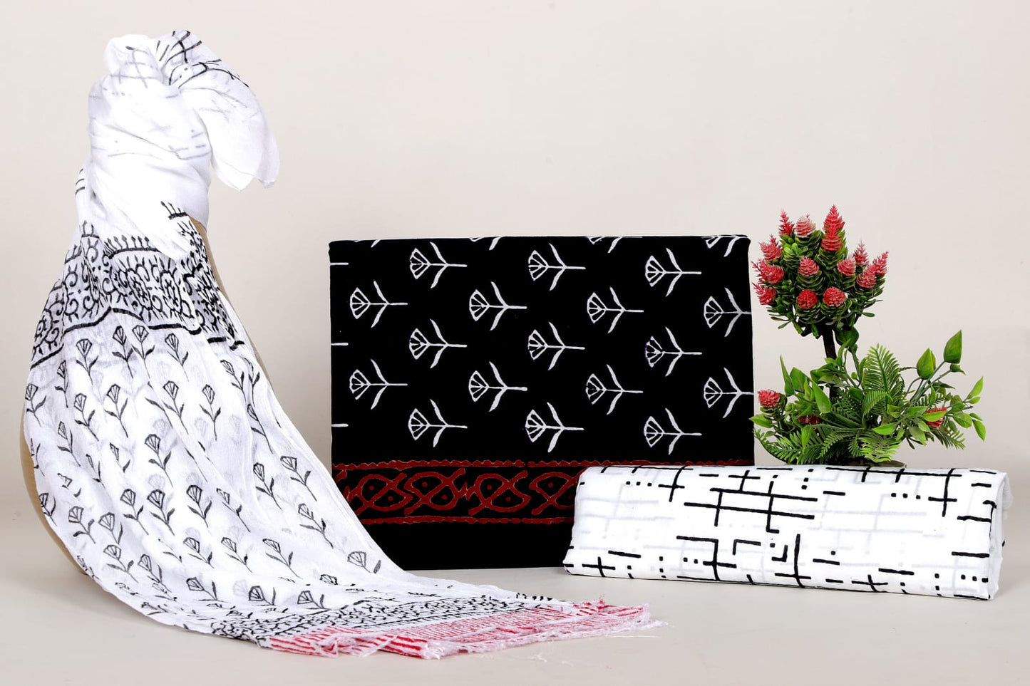 Exclusive Hand Block Print Cotton Suit With Chiffon Dupatta