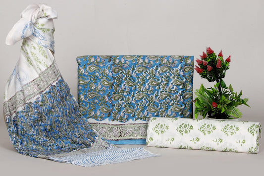 Premium Hand Block Print Cotton Suit With Chiffon Dupatta