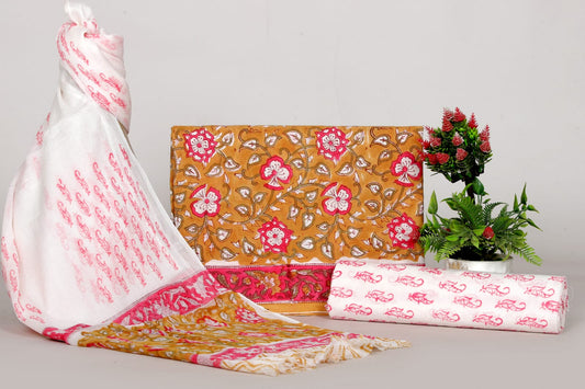 Hand Block Print Pure Cotton Suit With Chiffon Dupatta