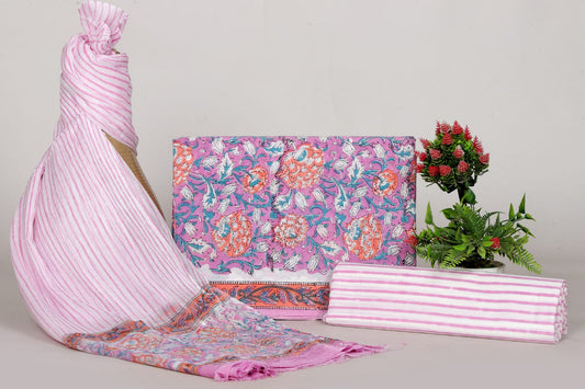 New Hand Print Cotton Suit With Chiffon Dupatta