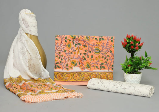 Hand Block Print Cotton Suit With Chiffon Dupatta