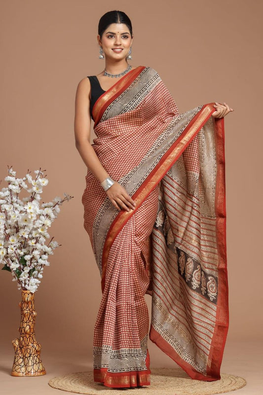 Hand Block Printed Maheshwari Silk Saree – Elegant Traditional Wear