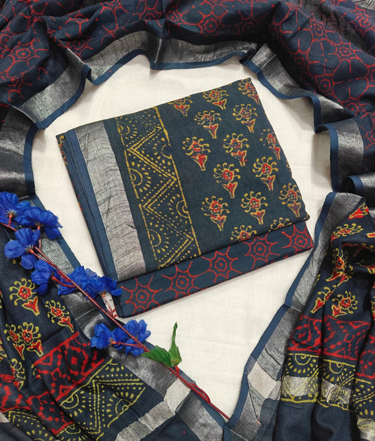 Hand Block Print Lilen Suit With Lilen Dupatta