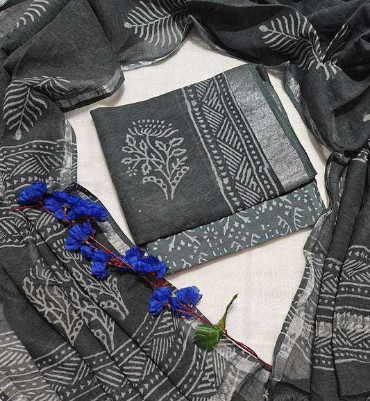Hand Block Printed Lilen Suit With Lilen Dupatta
