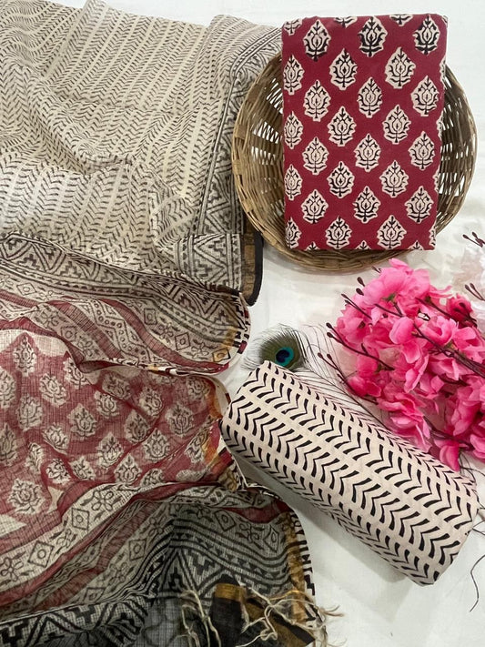 Premium  Hand Block Print Cotton Suit With Kota Doria Dupatta