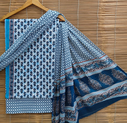 Hand Block Printed Pure Cotton Suit With Mulmul Dupatta
