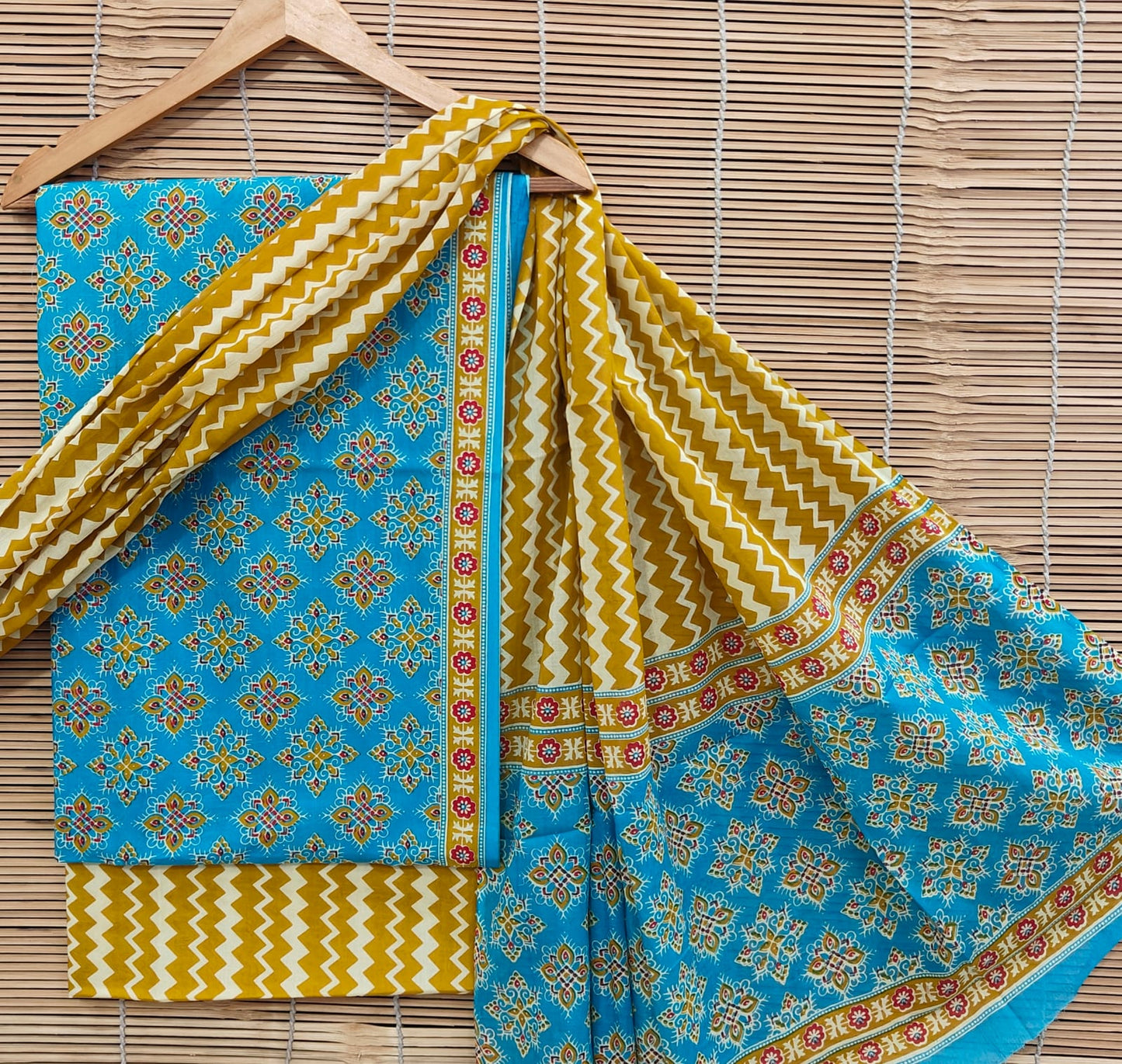 Hand Block Printed Soft Cotton Suit Set With Mulmul Dupatta