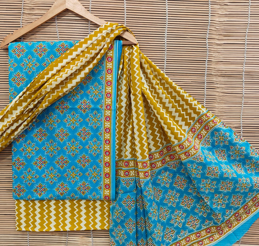 Hand Block Printed Soft Cotton Suit Set With Mulmul Dupatta