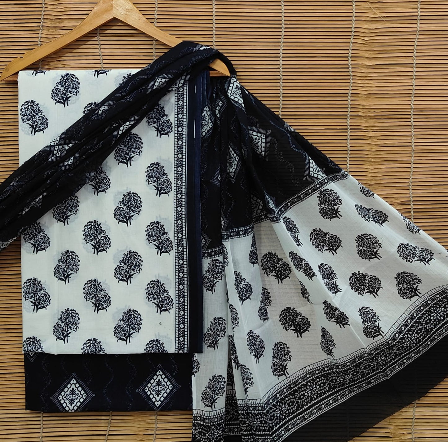 Sanganeri Print Cotton Suit Set With Mulmul Dupatta