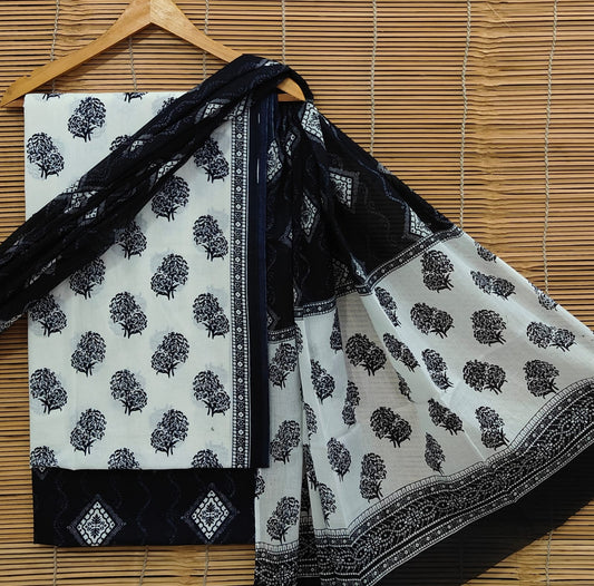 Sanganeri Print Cotton Suit Set With Mulmul Dupatta