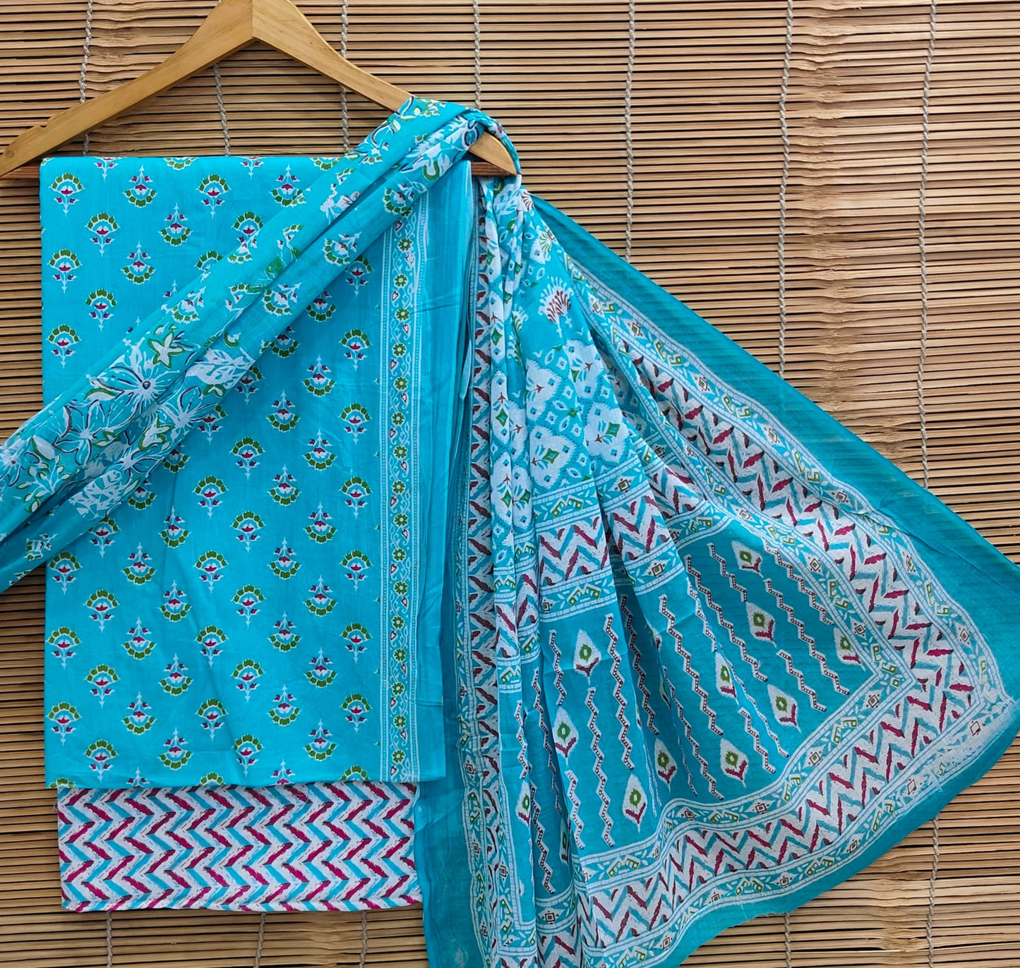 Hand Block Printed Organic Cotton Suit With Mulmul Dupatta