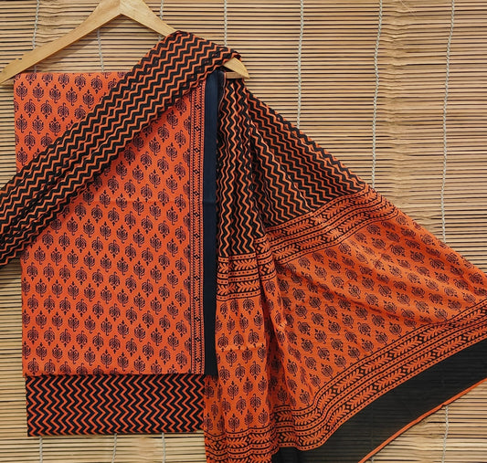 Premium Hand Block Printed Cotton Suit With Mulmul Dupatta