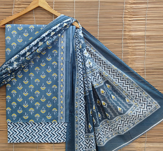 New Hand Block Print Cotton Suit With Mulmul Dupatta