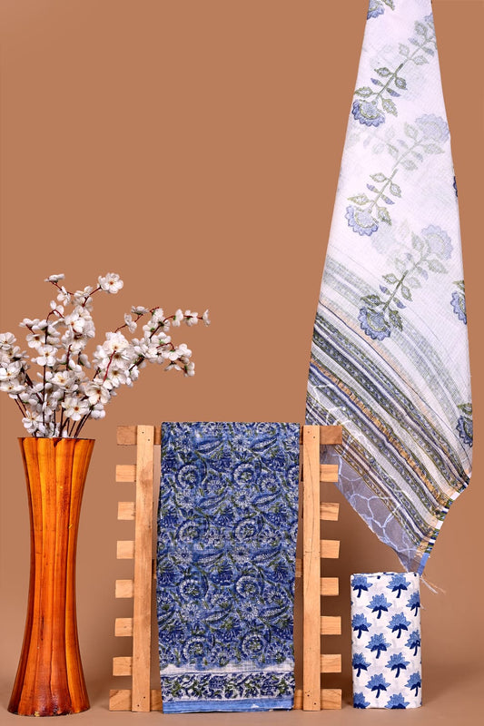 Premium Kota Cotton Hand Block Print Dress Material with Dupatta