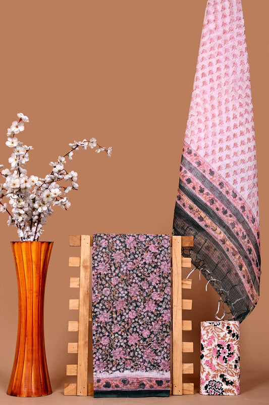 Premium Kota Cotton Hand Block Print Dress Material with Dupatta