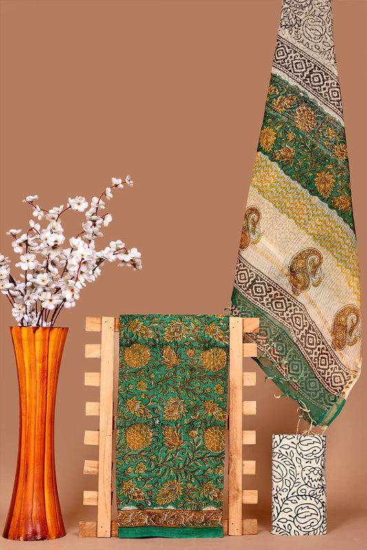 Soft Kota Cotton Dress Material with Hand Block Print & Cotton Bottom