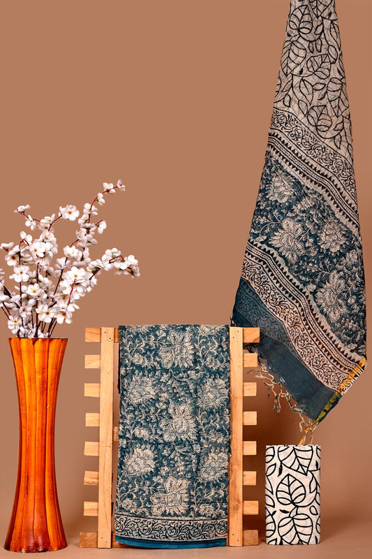 Premium Kota Cotton Hand Block Print Dress Material with Dupatta