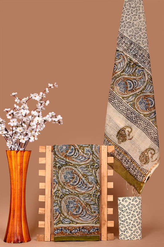 Premium Kota Cotton Hand Block Print Dress Material with Dupatta
