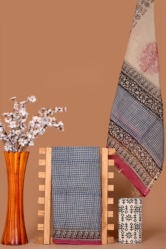 Soft Kota Cotton Dress Material with Hand Block Print & Cotton Bottom