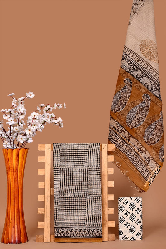 Premium Kota Cotton Hand Block Print Dress Material with Dupatta
