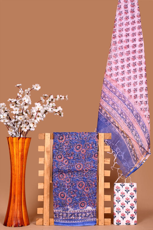 Soft Kota Cotton Dress Material with Hand Block Print & Cotton Bottom