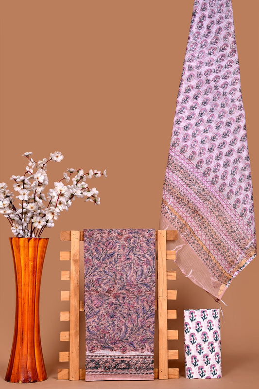 Premium Kota Cotton Hand Block Print Dress Material with Dupatta