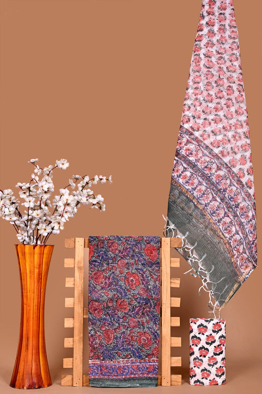 Soft Kota Cotton Dress Material with Hand Block Print & Cotton Bottom