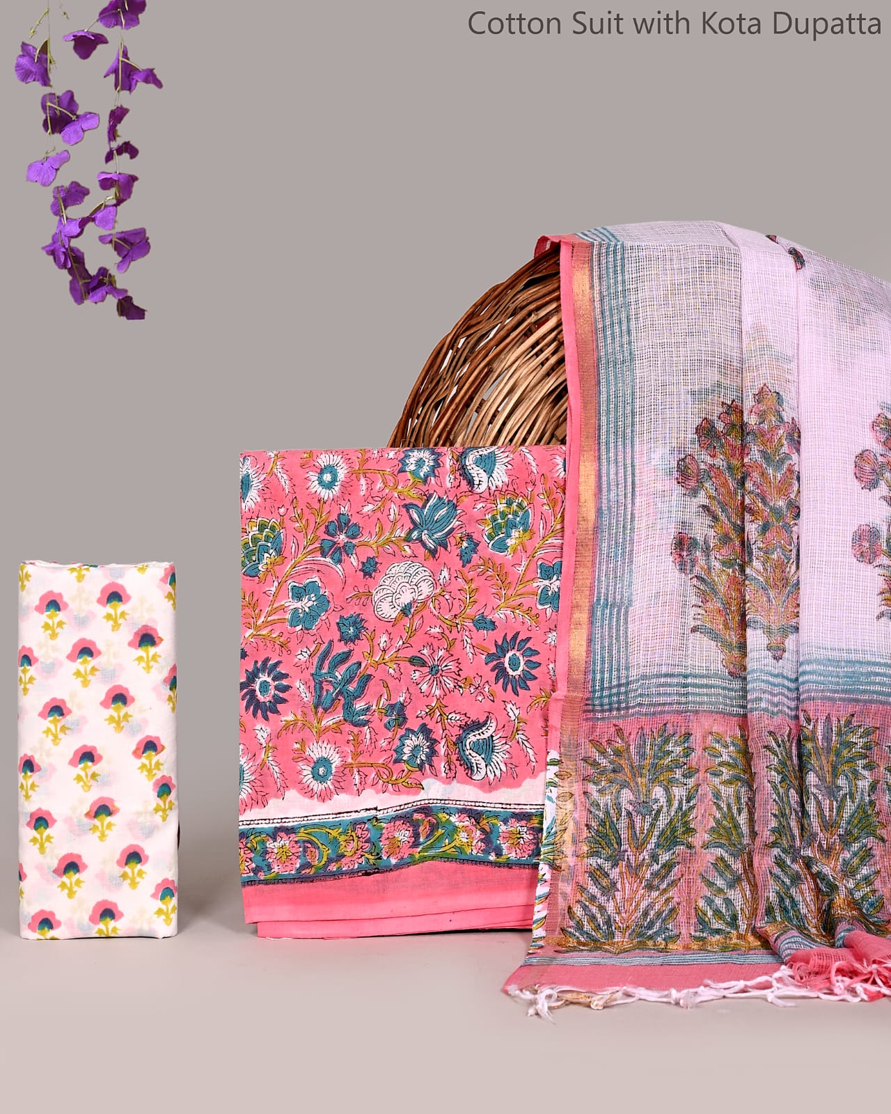 Premium Hand Block Printed Cotton Suit With Kota Doria Dupatta