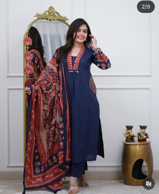 Elegant Blue Kurta Set with Traditional Printed Dupatta
