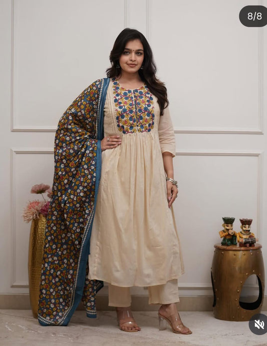 Elegant Cream Embroidered Cotton Suit Set with Printed Dupatta
