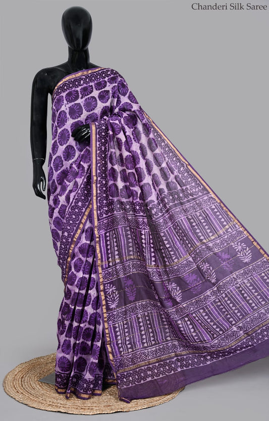 Traditional Hand Block Printed Chanderi Silk Saree with Attached Designer Blouse