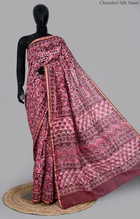 Royel Hand Block Print Chanderi Silk Saree With Blouse