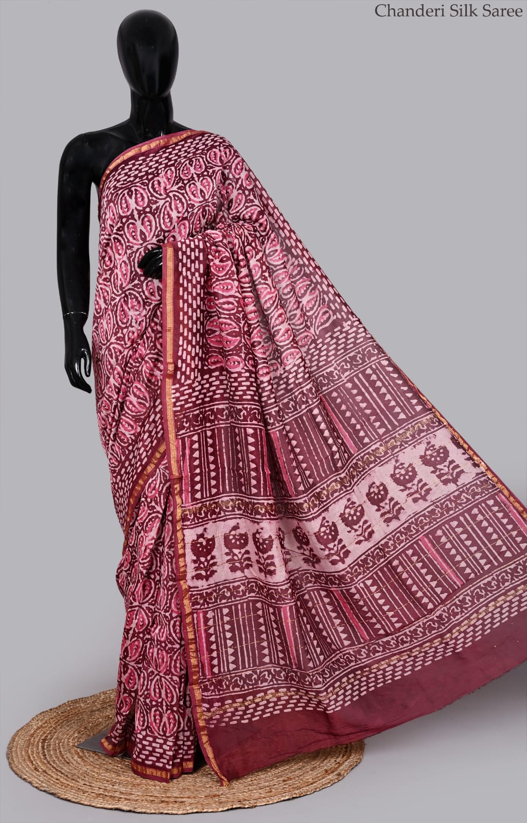 Premium Hand Block Print Chanderi Silk Saree With Attached Blouse
