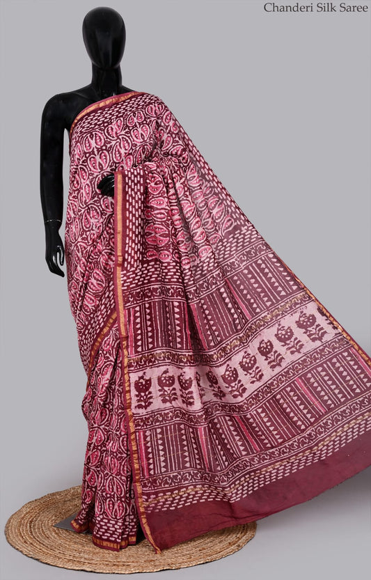 Premium Hand Block Print Chanderi Silk Saree With Attached Blouse