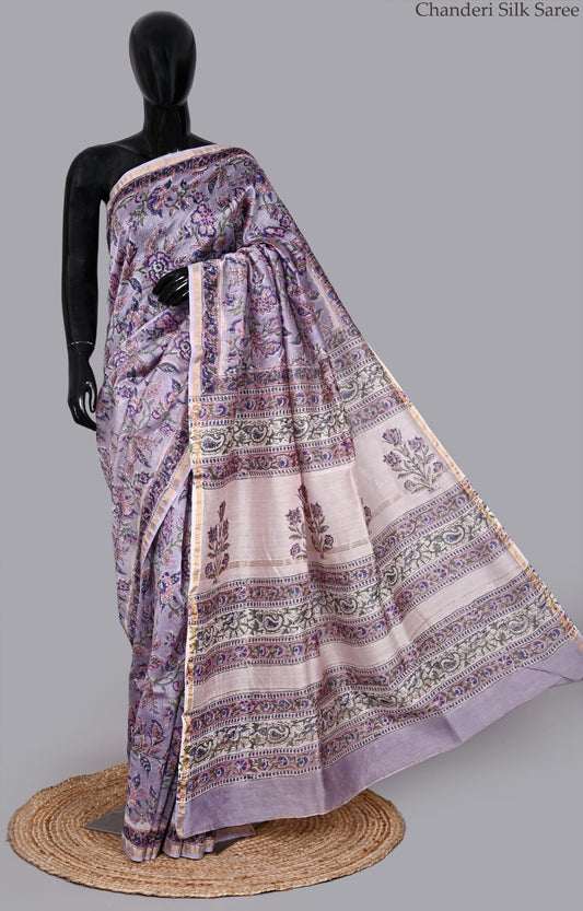 Premium Hand Block Print Chanderi Silk Saree with Blouse Included
