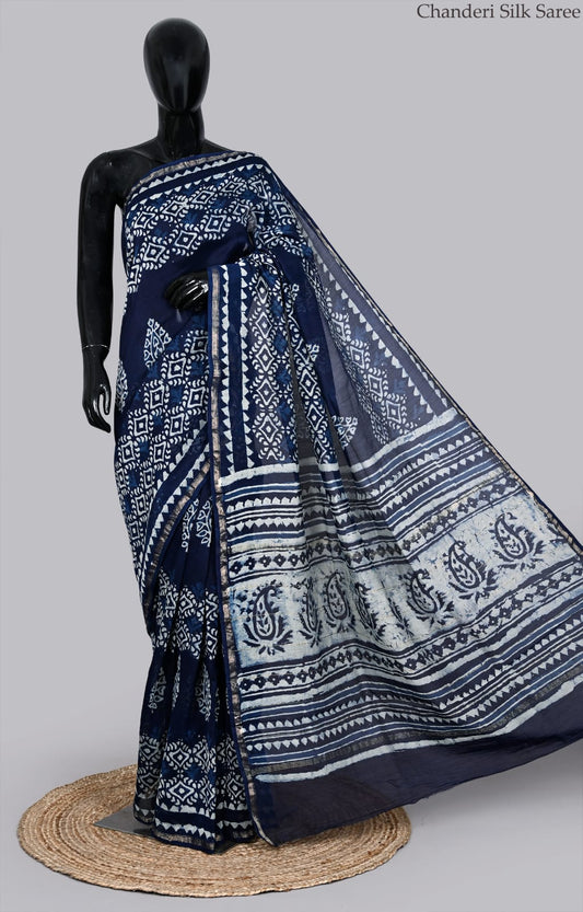 Traditional Hand Block Printed Chanderi Silk Saree with Attached Blouse